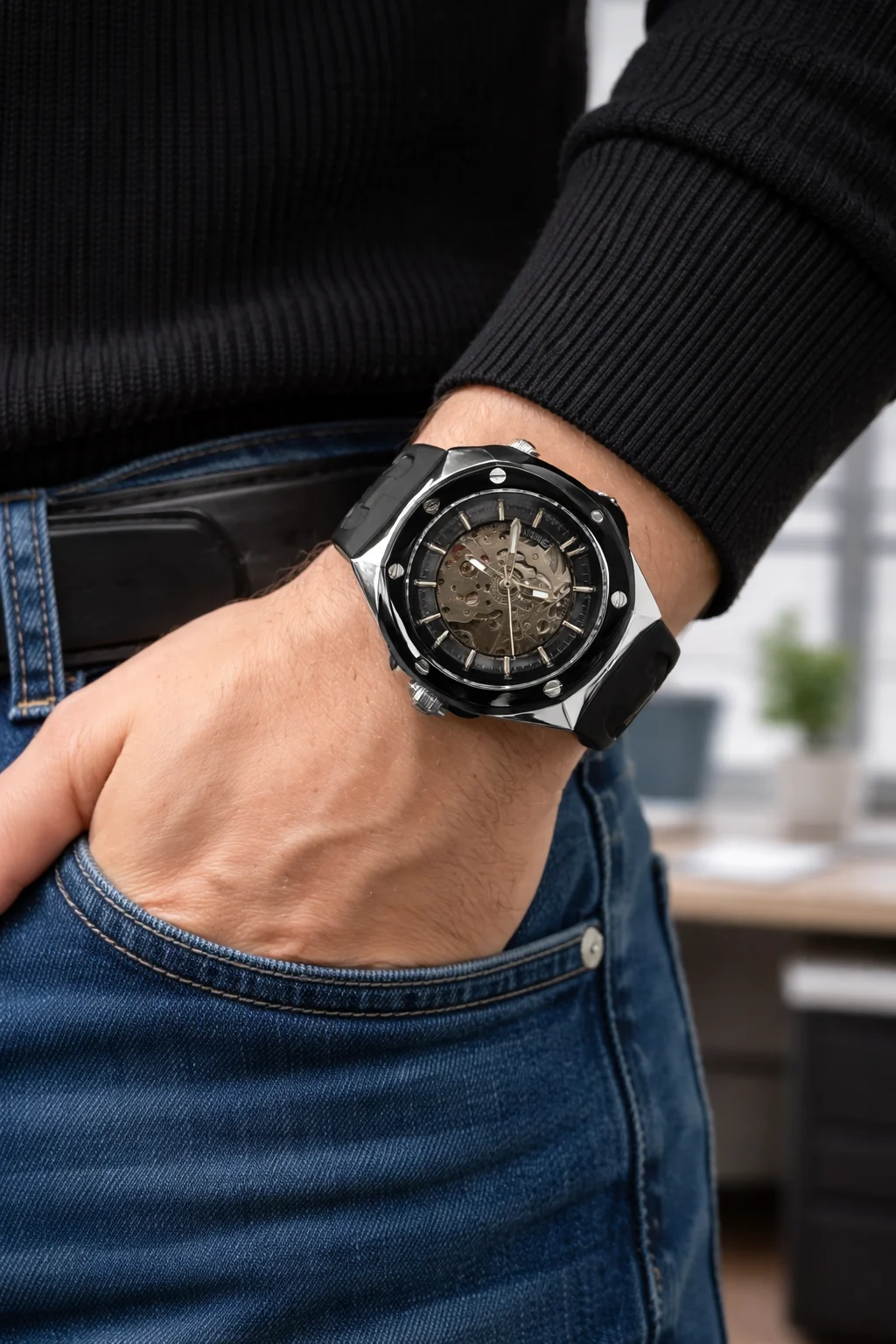 Reloj automático Skyline Nova en muñeca de hombre con camisa negra en cafetería.