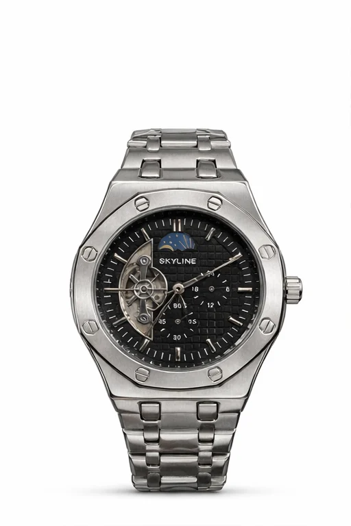 Reloj automático Skyline Eclipse de acero con esfera negra y mecanismo visible sobre fondo blanco.