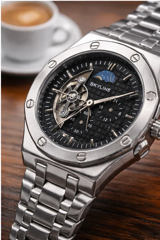 Reloj automático Skyline Eclipse de acero con esfera negra junto a una taza de café.