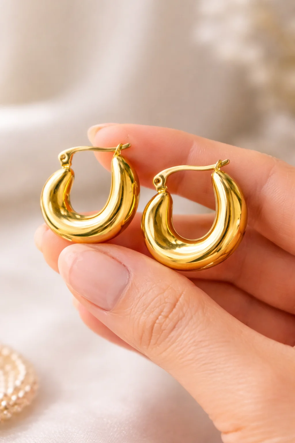 Pendientes Duna dorados sostenidos con la mano detalle brillo y forma