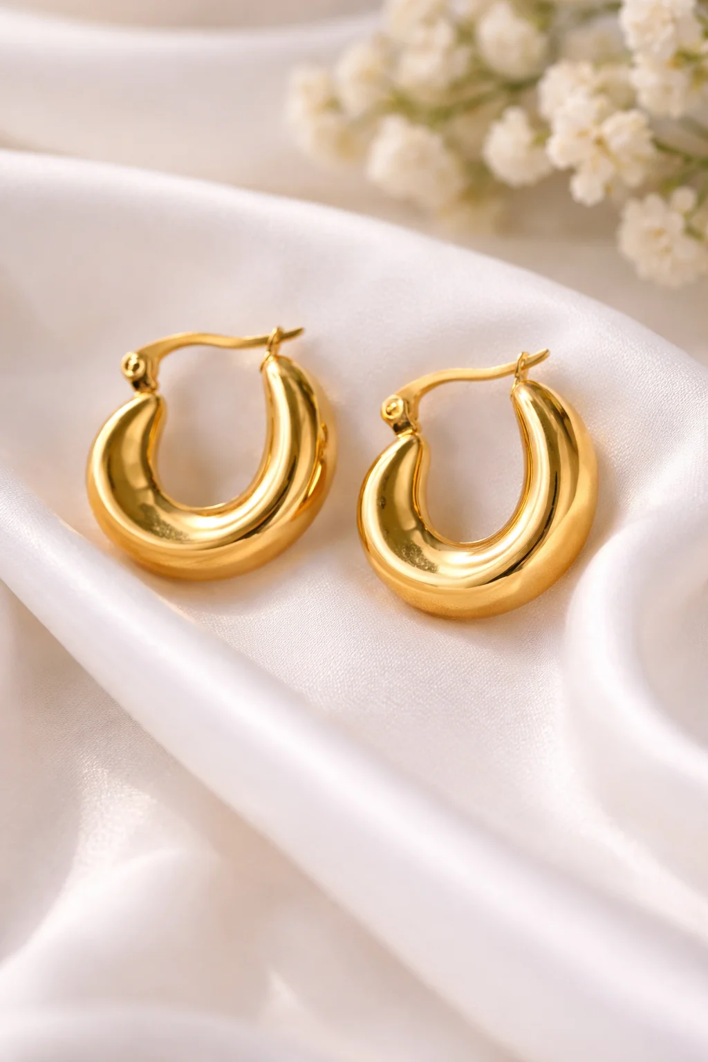 Pendientes Duna dorados sobre tela de seda blanca con flores naturales