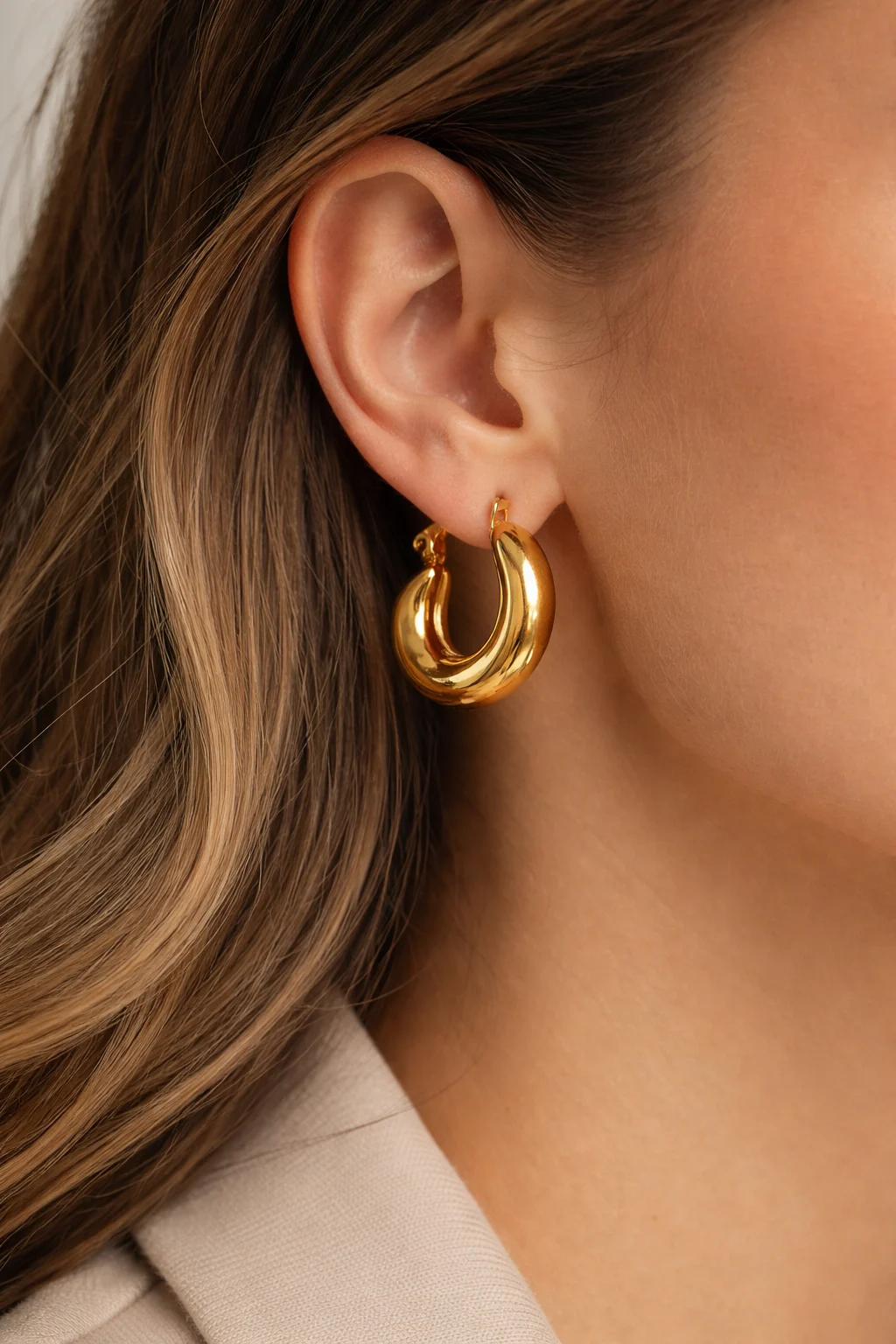 Pendientes Duna dorados puestos en oreja estilo aro grueso elegante