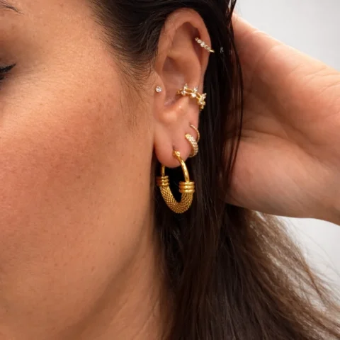 aros dorados puestos en oreja estilo elegante Linked