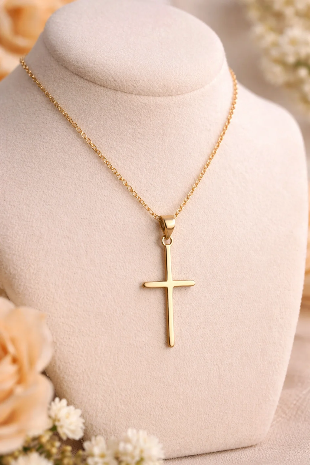 Cadena Cruz Pure Oro en expositor elegante de joyería