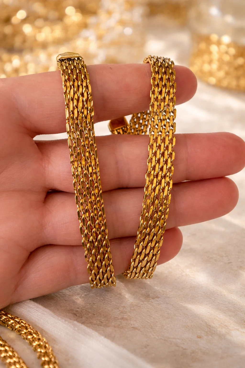 Collar dorado tipo malla sostenido con la mano mostrando su textura