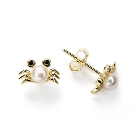 Pendientes mini cangrejo oro con perla fondo blanco