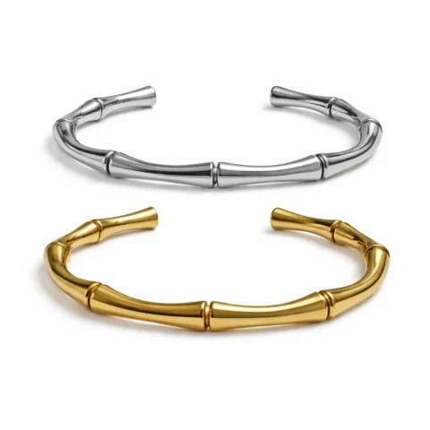 Pulseras Elara de acero inoxidable plata y oro diseño bambú fondo blanco