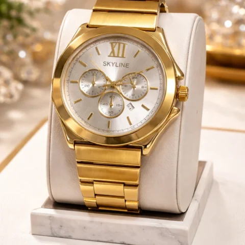 reloj skyline classic horizon gold de acero inoxidable dorado en escaparate elegante