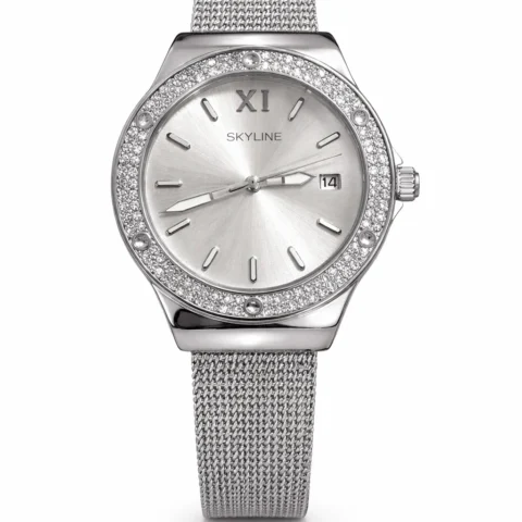 reloj mujer Skyline Aura Steel acero inoxidable plateado con circonitas y correa de malla