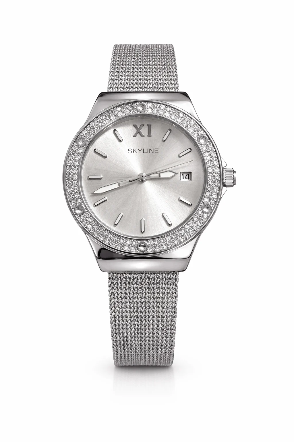 reloj mujer Skyline Aura Steel acero inoxidable plateado con circonitas y correa de malla