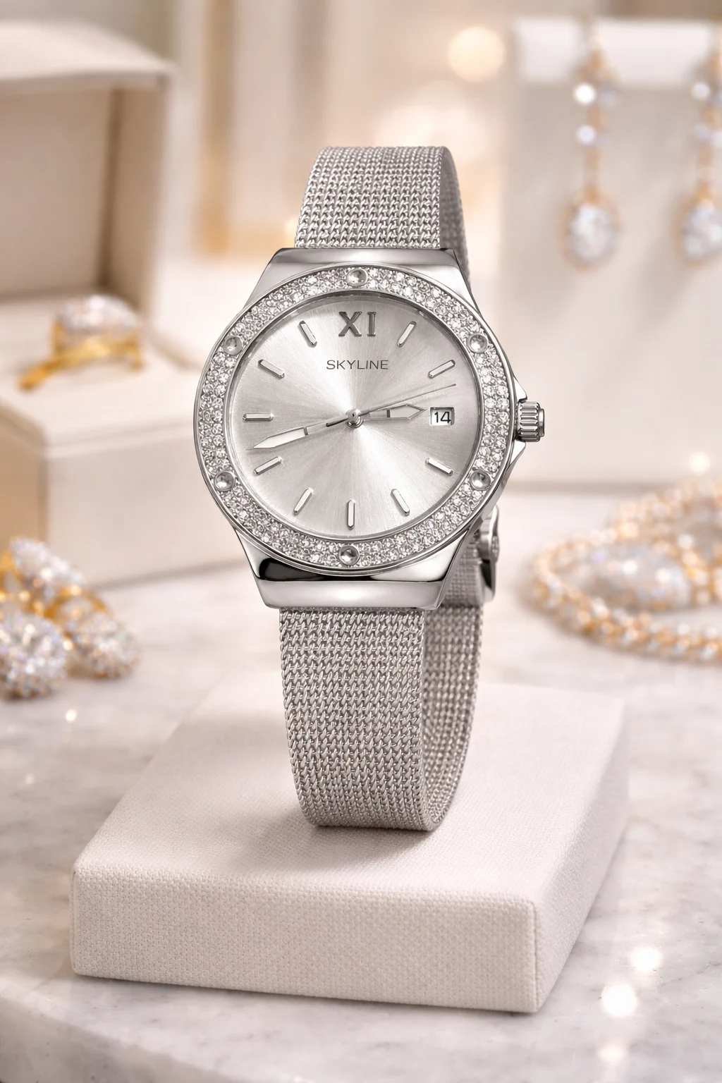 reloj Skyline Aura Steel mujer en escaparate con joyas