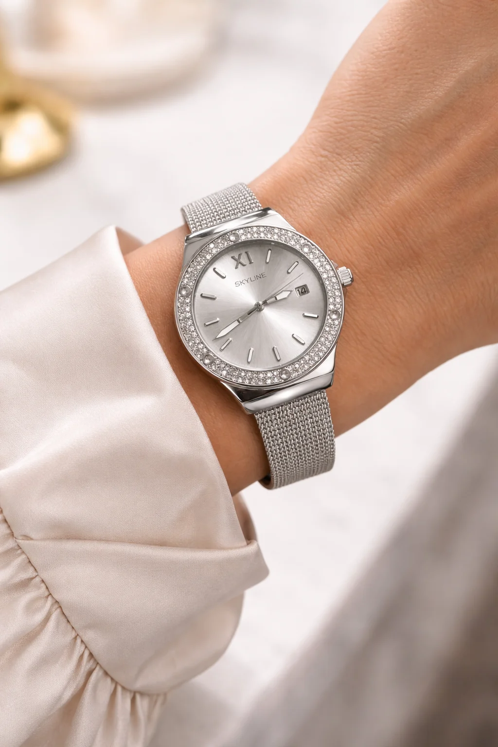 reloj elegante mujer Skyline Aura Steel acero inoxidable en muñeca