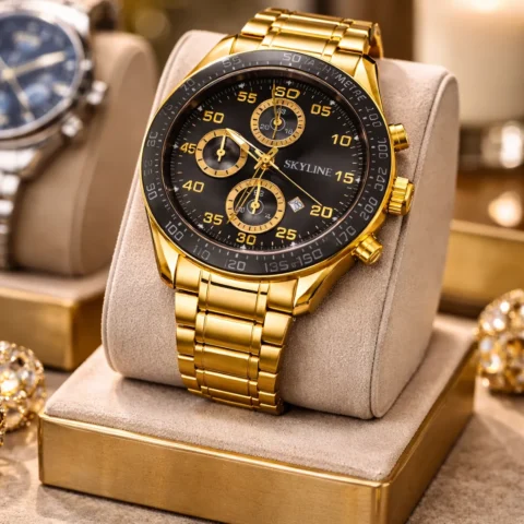 Reloj Skyline Héritage Gold cronógrafo dorado presentado en escaparate.