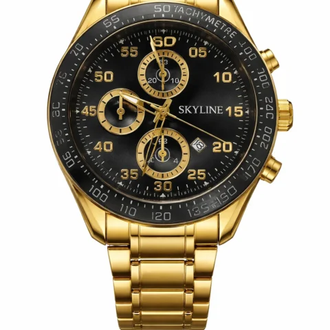 Reloj Skyline Héritage Gold cronógrafo dorado con esfera negra sobre fondo blanco