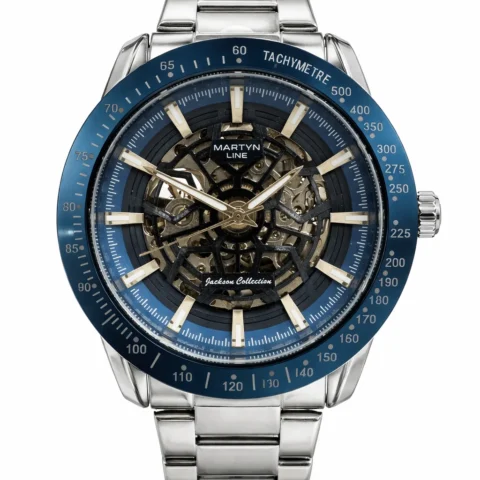 Reloj automático Martyn Line Horizon Blue con esfera skeleton y correa de acero inoxidable