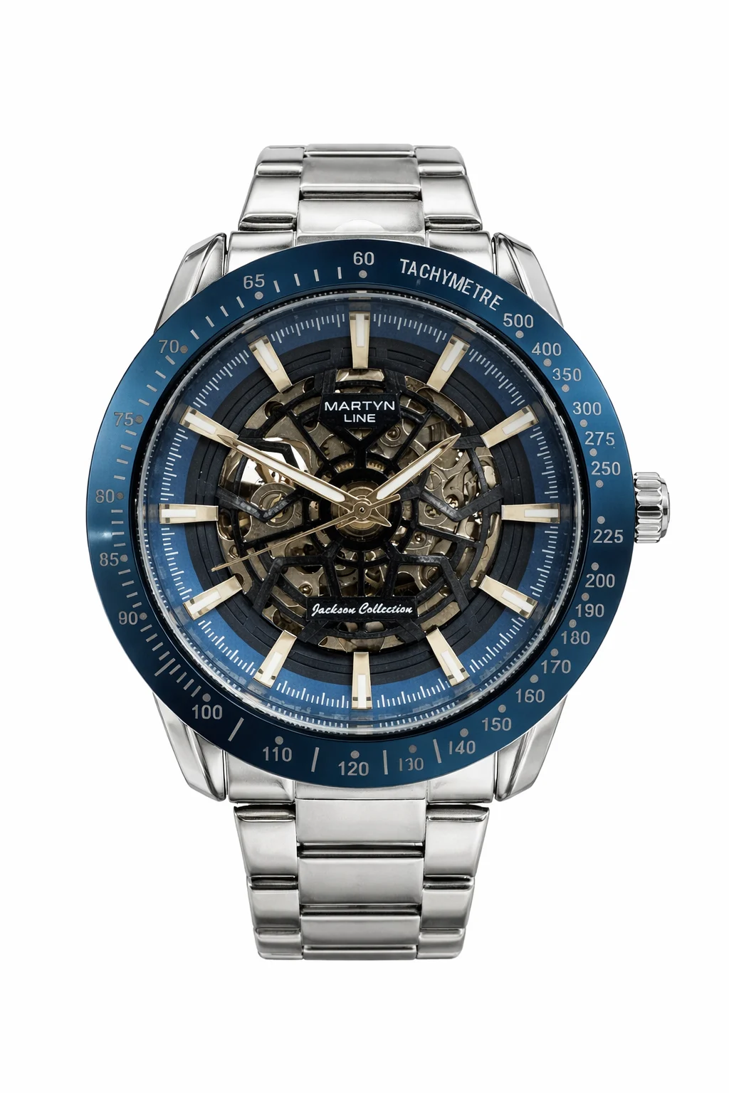 Reloj automático Martyn Line Horizon Blue con esfera skeleton y correa de acero inoxidable