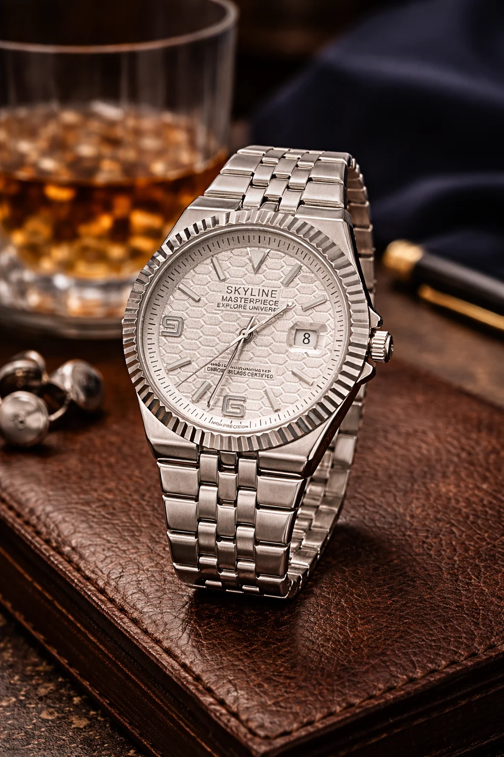 reloj Skyline Atlas Steel para hombre en acero inoxidable sobre mesa elegante