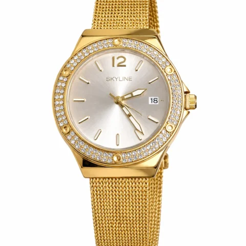 reloj mujer Skyline Aura Gold acero inoxidable dorado con circonitas y correa de malla