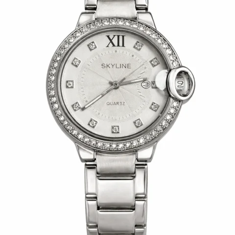 reloj mujer Skyline Éclat Steel acero inoxidable esfera plateada fondo blanco