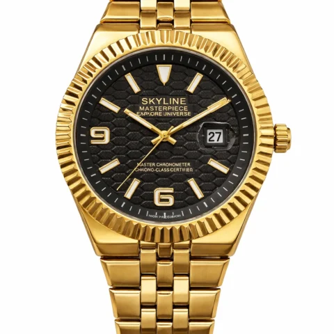 Reloj Skyline Atlas Gold para hombre en acero inoxidable dorado con esfera negra y fondo blanco