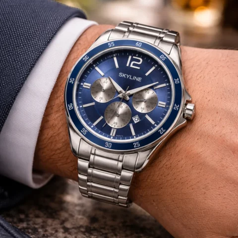 reloj skyline prestige steel con esfera azul en muñeca de hombre