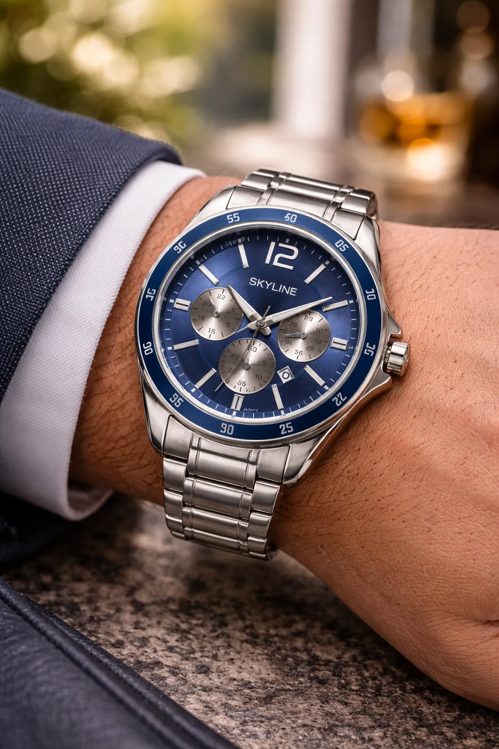 reloj skyline prestige steel con esfera azul en muñeca de hombre