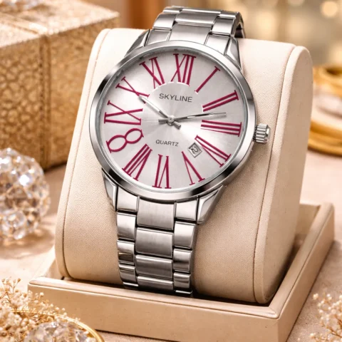 Reloj Skyline Roma Steel unisex en escaparate, con esfera plateada y números romanos