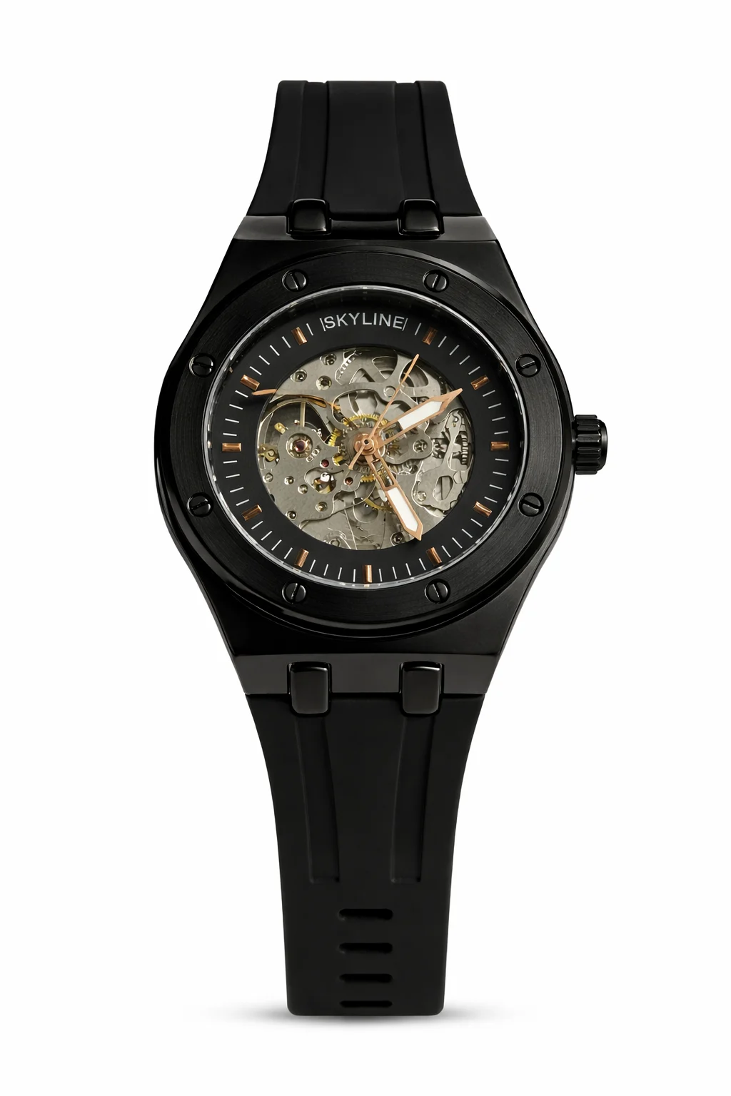 Reloj automático Skyline Vertex negro con mecanismo visible y correa de caucho sobre fondo blanco.